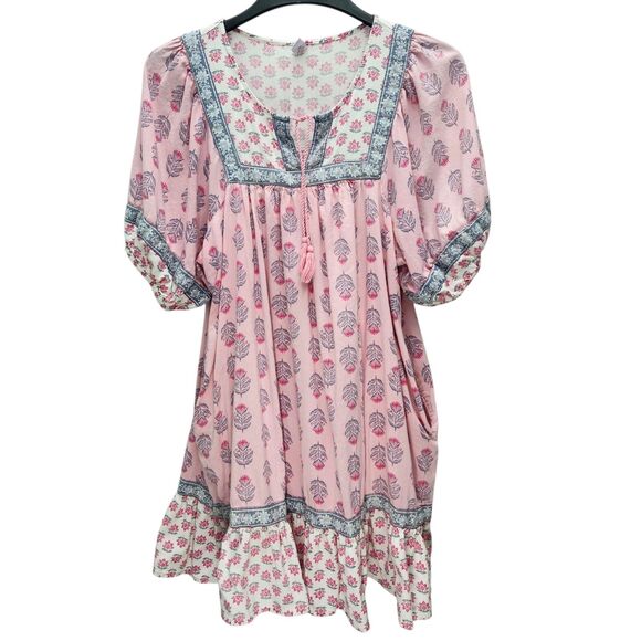 Old Navy Peasant Tunic Dress Womens Large Pink Floral Tassels Cottagecore Boho - Picture 2 of 11